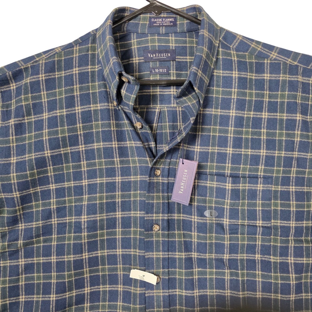 Van Heusen Classic Flannel Plaid Button Down Shirt Mens L 16-16 1/2 Cotton NWT